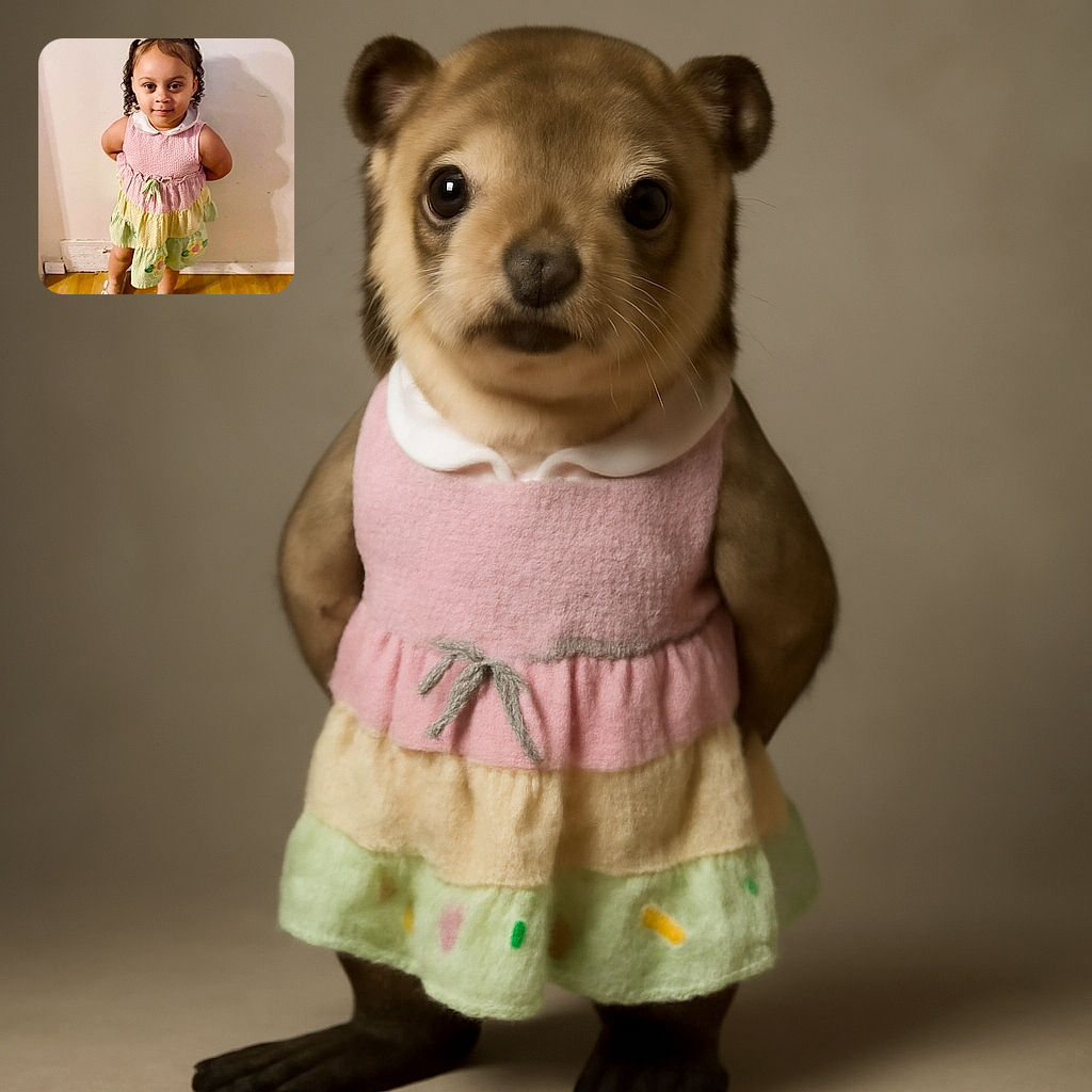 A charming little girl stands confidently with hands behind her back, dressed in a colorful pastel dress and clear sandals, posing against a plain wall with a warm wooden floor beneath her feet.
