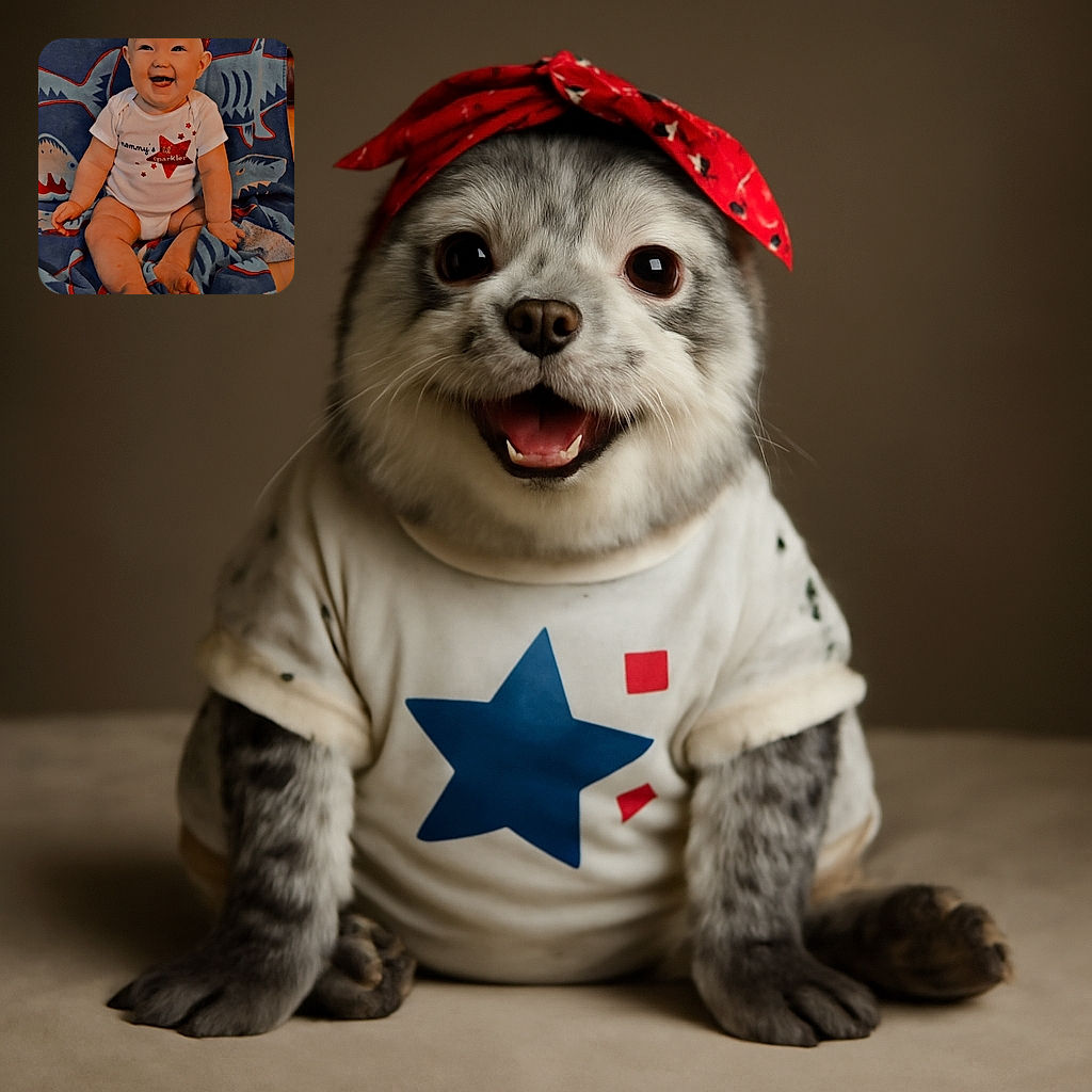 A joyful baby with a red headband and a white onesie that reads 'mommy's lil sparkler' sits happily on a blue shark-patterned blanket, flashing a big smile that could light up any room.
