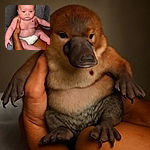 A serious-faced baby in a diaper is being held by tattooed arms against a cozy couch backdrop, with a big digital clock overlay showing the time and date, and a classic red-eye effect making the little one's eyes look like glowing robot sensors.