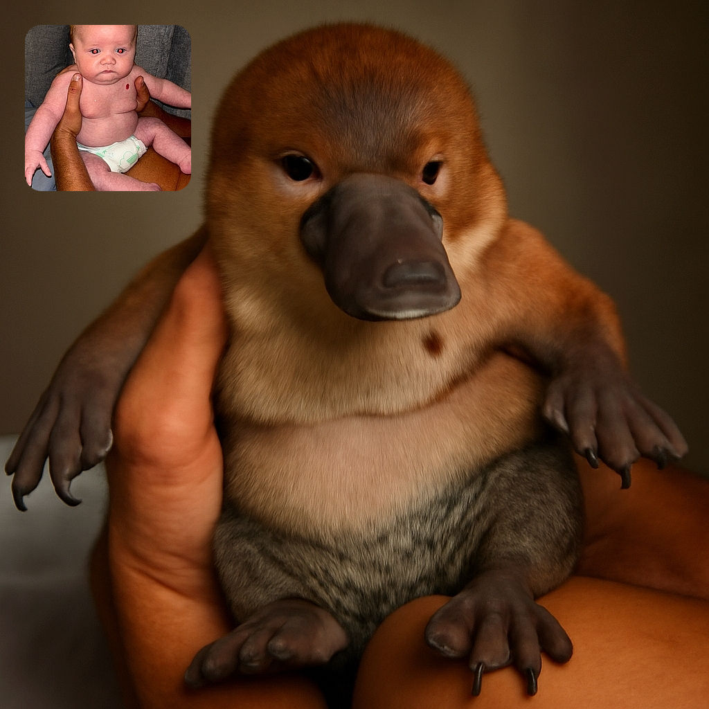 A serious-faced baby in a diaper is being held by tattooed arms against a cozy couch backdrop, with a big digital clock overlay showing the time and date, and a classic red-eye effect making the little one's eyes look like glowing robot sensors.