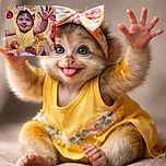 A cheeky baby girl in a yellow dress and floral headband sticks out her tongue while reaching up with a playful hand on a colorful smiley face patterned background.