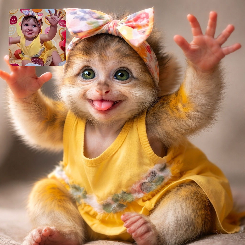 A cheeky baby girl in a yellow dress and floral headband sticks out her tongue while reaching up with a playful hand on a colorful smiley face patterned background.