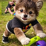 A curious toddler with rosy cheeks grips a bright green toy handle while exploring the grassy outdoors, sporting a black t-shirt and sneakers, caught mid-adventure with a determined look.