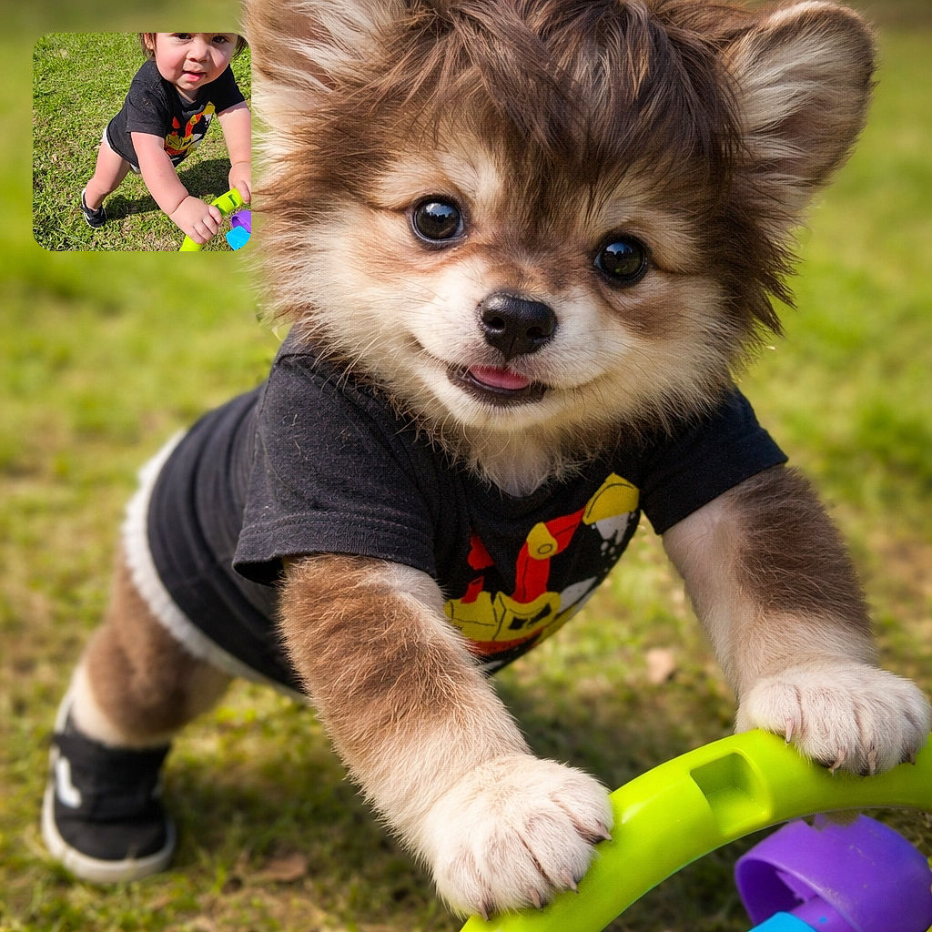 A curious toddler with rosy cheeks grips a bright green toy handle while exploring the grassy outdoors, sporting a black t-shirt and sneakers, caught mid-adventure with a determined look.
