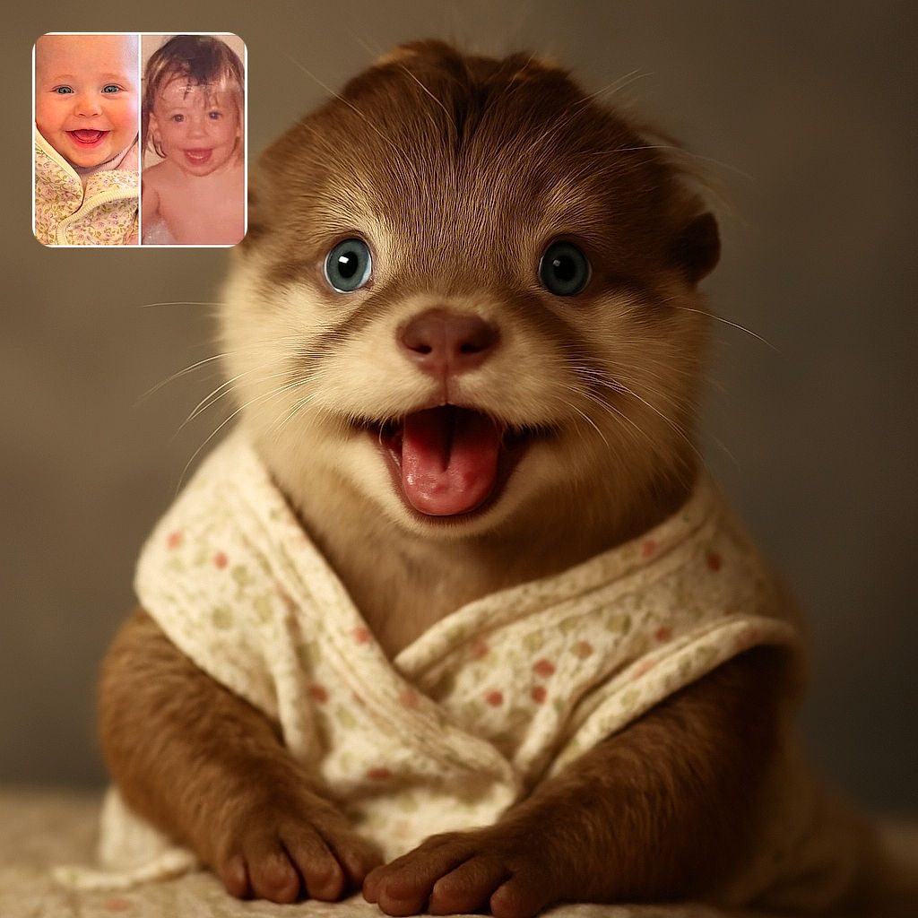 A cheerful collage of two adorable babies smiling widely; the left one wrapped in a floral blanket with bright blue eyes, and the right one with wet hair, possibly after bath time, both radiating pure joy and innocence.