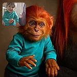 A cheerful toddler in a turquoise shirt reaching out with a big smile, holding onto the hand of a person with red hair partially visible on the right, all set in a softly lit room with a crib in the background.