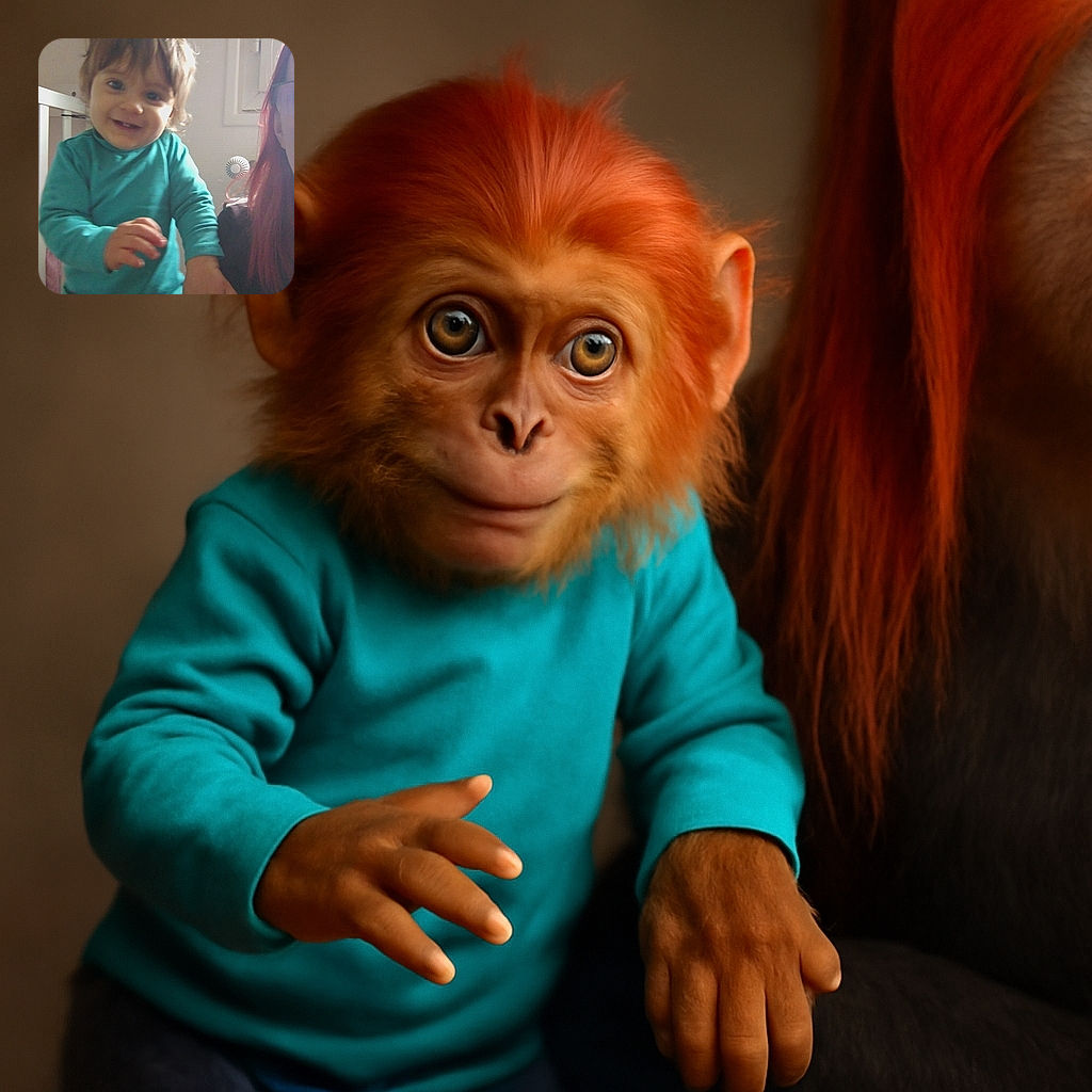 A cheerful toddler in a turquoise shirt reaching out with a big smile, holding onto the hand of a person with red hair partially visible on the right, all set in a softly lit room with a crib in the background.