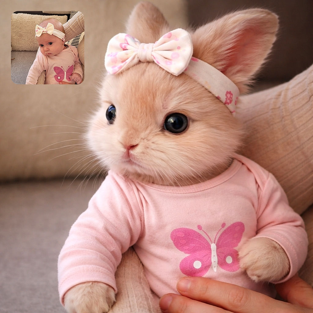 A cute baby wearing a pink outfit with a butterfly print and a white headband with a bow is being gently held by an adult. The baby looks curious and slightly pensive, nestled comfortably against soft cushions on a couch.