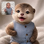 A cheerful baby with bright eyes and a big smile is lying on a soft white blanket, wearing a blue sleeveless onesie with buttons, looking ready to charm the world.