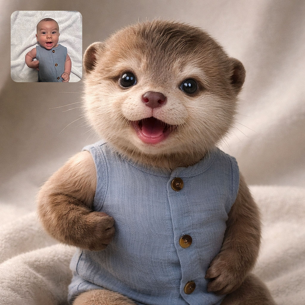 A cheerful baby with bright eyes and a big smile is lying on a soft white blanket, wearing a blue sleeveless onesie with buttons, looking ready to charm the world.