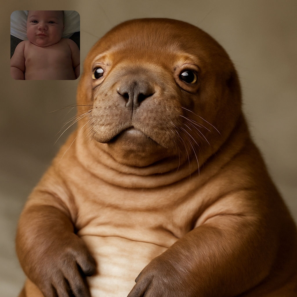 A chubby baby lying down with a slightly mischievous expression, wrapped in a diaper, resting on a soft surface with a pillow behind the head, dimly lit for a cozy vibe.