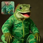 A joyful baby in a green dinosaur-themed onesie grins widely while sitting in a cushioned baby seat, holding a pacifier in one hand, radiating pure happiness and energy.