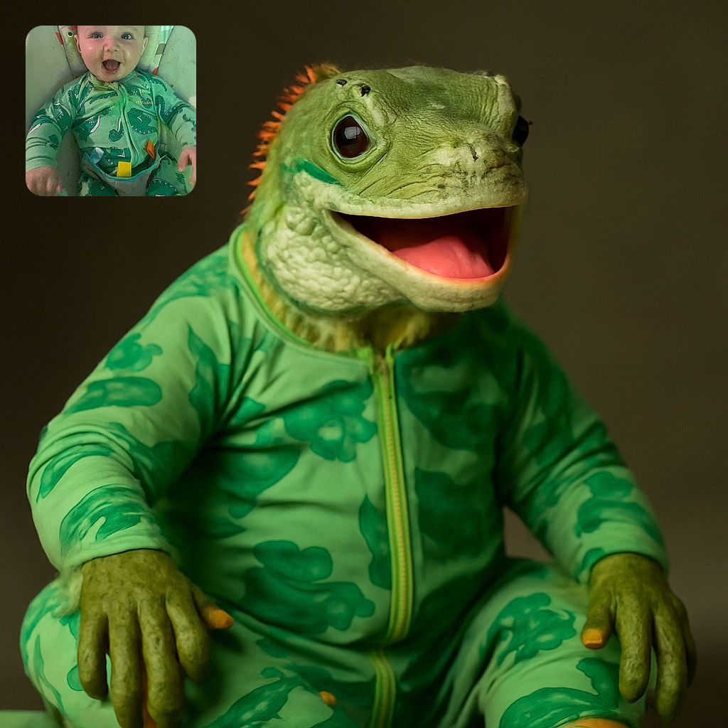 A joyful baby in a green dinosaur-themed onesie grins widely while sitting in a cushioned baby seat, holding a pacifier in one hand, radiating pure happiness and energy.