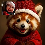 A cheerful baby wearing a cozy red and white knitted hat smiles widely, showing tiny teeth, wrapped in a vibrant red sweater with a soft, fuzzy texture. The background is softly blurred, focusing all attention on the adorable face radiating holiday spirit.