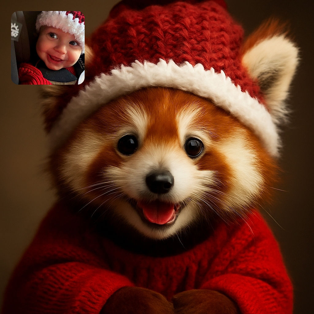 A cheerful baby wearing a cozy red and white knitted hat smiles widely, showing tiny teeth, wrapped in a vibrant red sweater with a soft, fuzzy texture. The background is softly blurred, focusing all attention on the adorable face radiating holiday spirit.