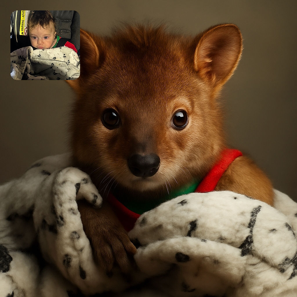 A wide-eyed baby bundled in a soft, patterned blanket sits securely in a car seat, eyes full of wonder as the warning label looms nearby like a serious guardian.