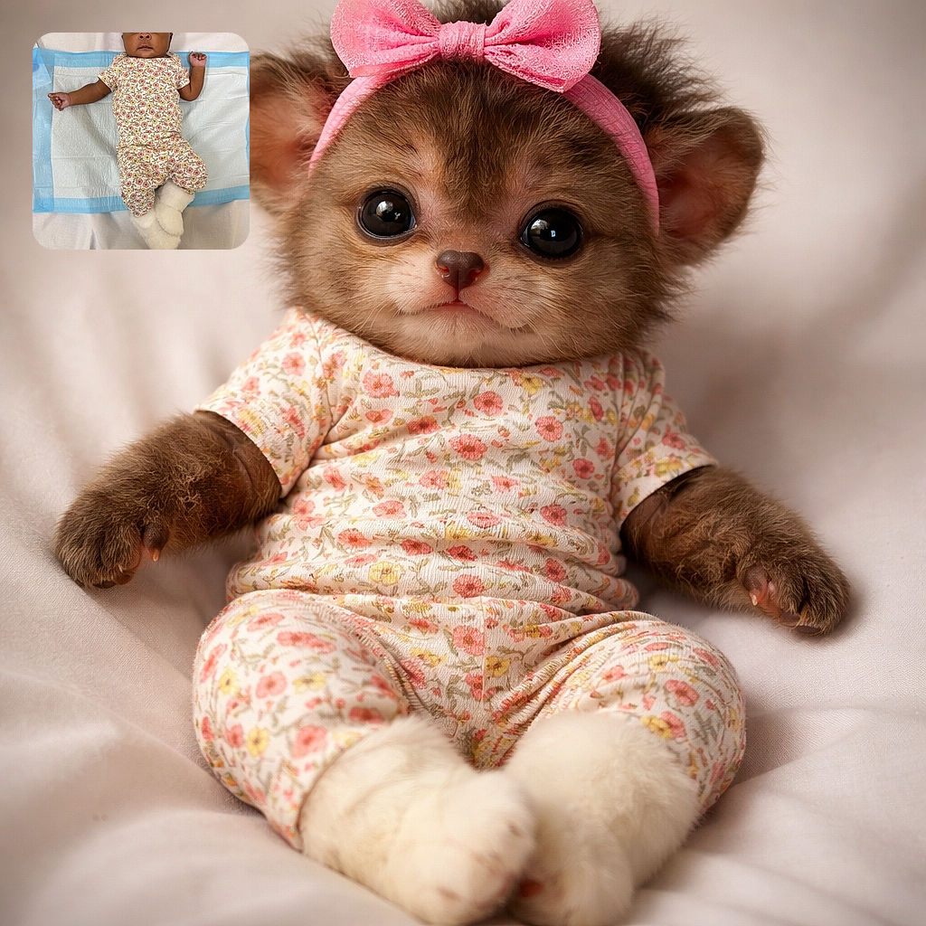 A cute baby wearing a floral outfit and fluffy white booties lies on a medical pad with a curious expression, sporting a big pink bow headband that adds a splash of color to the neutral background.