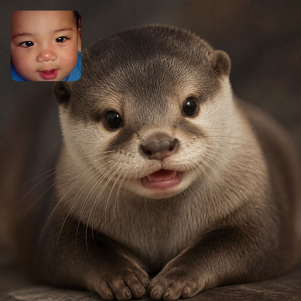 A cheerful baby fills the frame with round cheeks, sparkling eyes, and a tiny open-mouthed grin, looking like they just discovered the front camera. The portrait is framed on a phone screen, with app icons lining the bottom like a miniature digital audience.