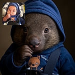 A chubby-cheeked baby bundled in a cozy blue hoodie, sitting strapped in a car seat with a curious finger near the mouth. The baby's big eyes sparkle with wonder, while the background features a playful patterned pillow and a visible warning label on the car seat.