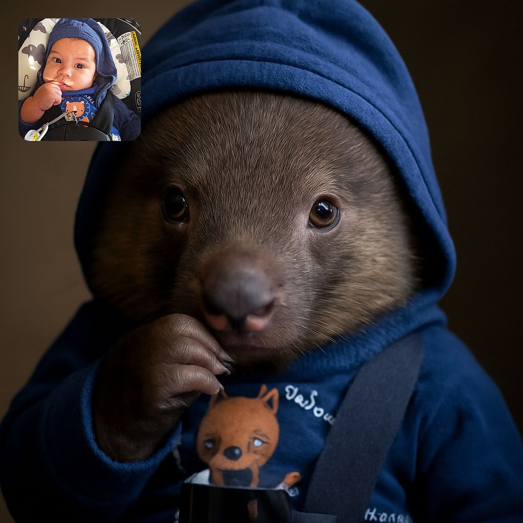 A chubby-cheeked baby bundled in a cozy blue hoodie, sitting strapped in a car seat with a curious finger near the mouth. The baby's big eyes sparkle with wonder, while the background features a playful patterned pillow and a visible warning label on the car seat.