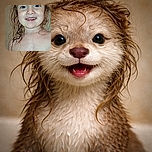 A joyful wet child with curly hair smiles brightly at the camera, likely just out of a bath, with water droplets glistening on their skin and a neutral background.