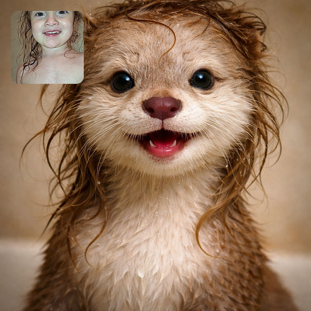 A joyful wet child with curly hair smiles brightly at the camera, likely just out of a bath, with water droplets glistening on their skin and a neutral background.