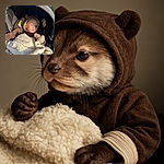 A cute baby bundled up in a fuzzy brown bear hoodie and cozy blankets, sitting in a stroller, gazing thoughtfully into the sunlight with soft shadows playing on their face. The background shows a street scene with parked cars and houses on a bright day.