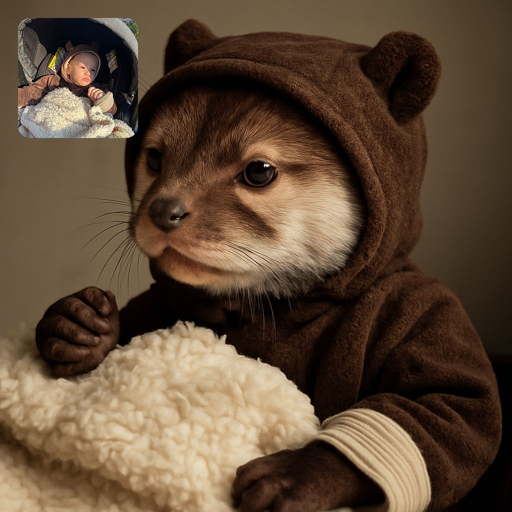 A cute baby bundled up in a fuzzy brown bear hoodie and cozy blankets, sitting in a stroller, gazing thoughtfully into the sunlight with soft shadows playing on their face. The background shows a street scene with parked cars and houses on a bright day.