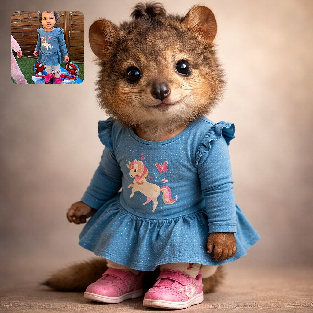 A tiny unicorn‑lover strikes a victorious pose atop a Spider‑Man table — hair in a fluffy topknot, pink trainers on, and a wooden fence backdrop making the whole scene suspiciously majestic.