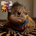 A curious baby with wide eyes and a slightly messy hairdo is lying on a tiger-striped blanket, giving the camera an intense, inquisitive stare that could melt hearts.