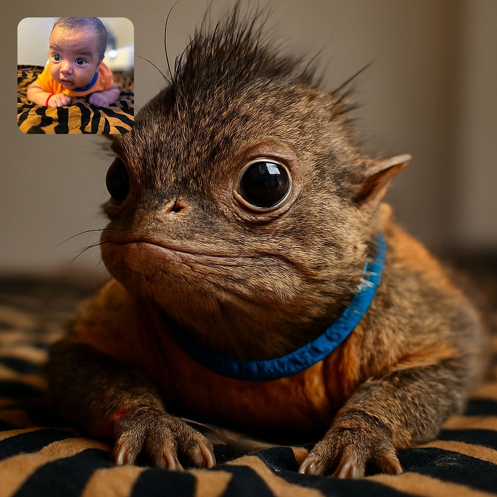 A curious baby with wide eyes and a slightly messy hairdo is lying on a tiger-striped blanket, giving the camera an intense, inquisitive stare that could melt hearts.