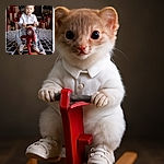 A charming young child with light hair sits confidently on a red wooden rocking horse, dressed in a white shirt and light blue jeans. The cozy holiday-themed background features wrapped presents with red bows, festive wreaths, and twinkling lights, creating a warm and joyful atmosphere perfect for a Christmas portrait.