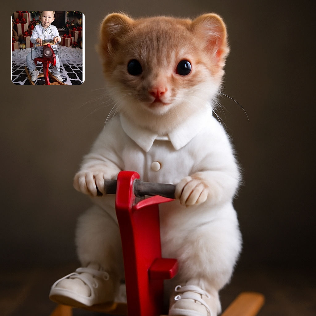 A charming young child with light hair sits confidently on a red wooden rocking horse, dressed in a white shirt and light blue jeans. The cozy holiday-themed background features wrapped presents with red bows, festive wreaths, and twinkling lights, creating a warm and joyful atmosphere perfect for a Christmas portrait.