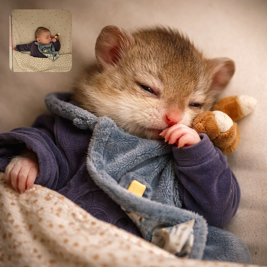 A peacefully sleeping baby tucked into a patterned blanket, thumb in mouth and cuddling a small stuffed toy — the whole scene looks like a tiny human burrito mid-nap.