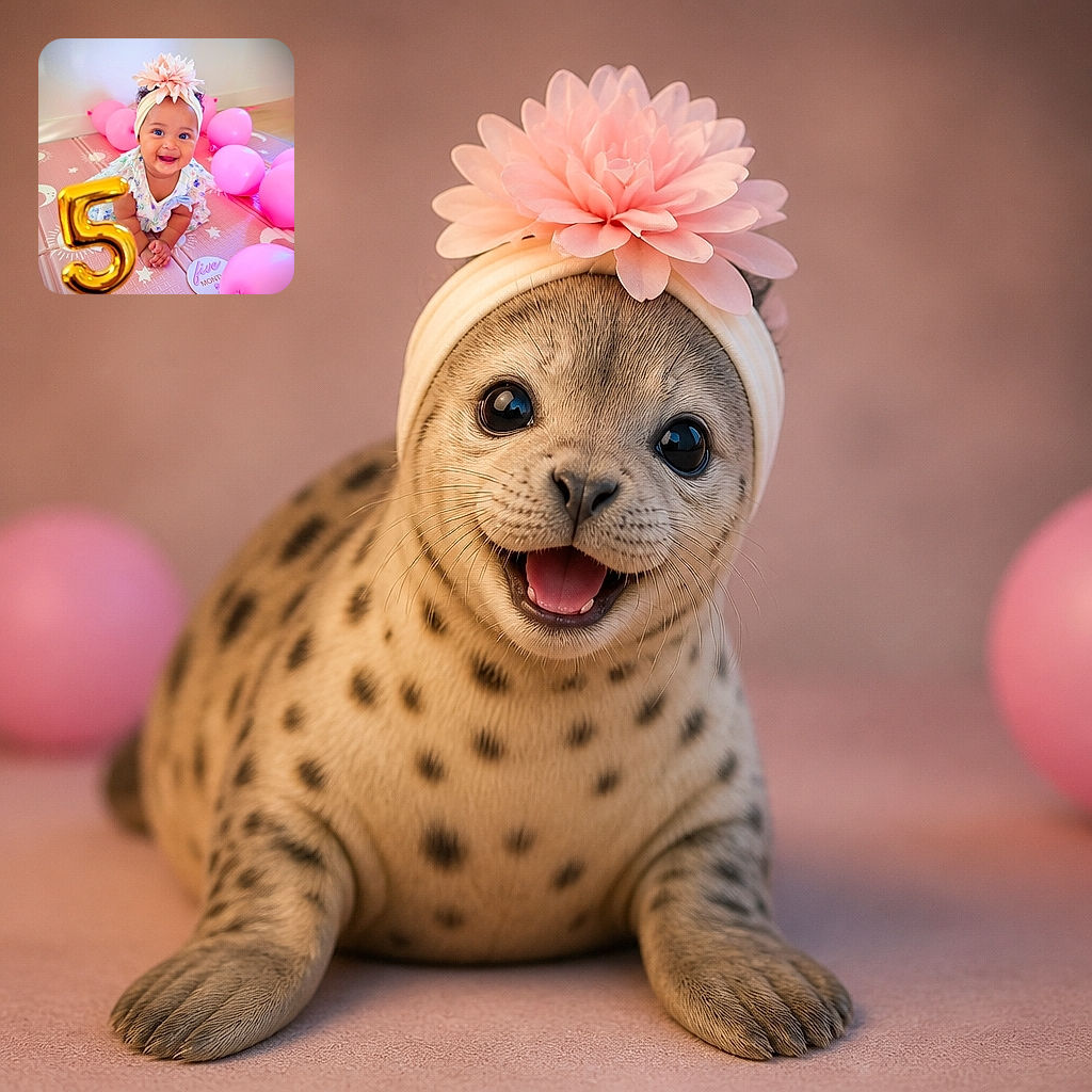 A delighted baby celebrates turning five surrounded by a squadron of pink balloons, a giant golden number, and a flower headband that says, “I woke up fabulous.” The cake-free party setup is so glamorous that even the play mat looks dressed for the occasion.