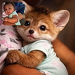 A cute baby in a mint green onesie is being held snugly, looking curiously at the camera with wide eyes and a slightly open mouth, while a cozy blue quilt and an arm provide a comforting backdrop.