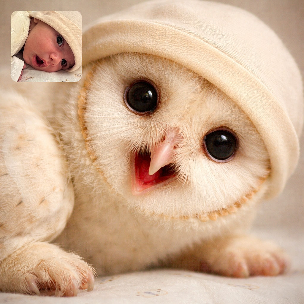 A wide-eyed newborn peeks out from under a soft beige beanie, mouth caught mid-‘ooh’ and swaddled in a tiny patterned blanket — the tiniest philosopher discovering air for the first time. The background is a cozy spread of fabric and soft neutrals that make this close-up feel like a warm hug.