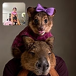A joyful baby girl with a big pink bow and a purple Winnie the Pooh shirt gleefully sits on a man's shoulders, who is leaning over a kitchen counter engrossed in some paperwork. The scene is cozy with household items like flowers, blinds, and a cat tree in the background, while a matching pink bag sits prominently on the counter.