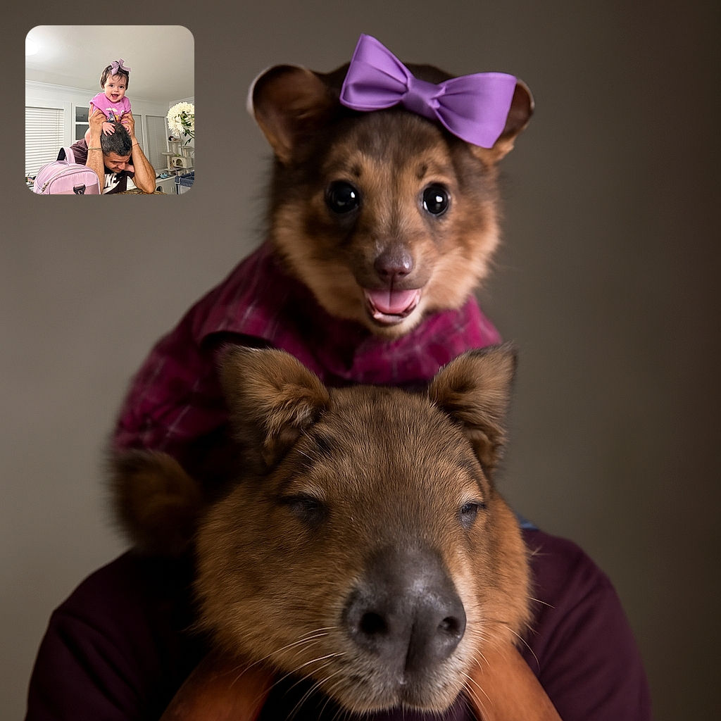 A joyful baby girl with a big pink bow and a purple Winnie the Pooh shirt gleefully sits on a man's shoulders, who is leaning over a kitchen counter engrossed in some paperwork. The scene is cozy with household items like flowers, blinds, and a cat tree in the background, while a matching pink bag sits prominently on the counter.
