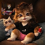 A delighted young child sits comfortably on a couch, illuminated by the glow of a tablet screen. She holds a plush toy in one hand and a bottle in the other, with a bowl of popcorn nearby, capturing a cozy and playful moment of screen time and snacks.