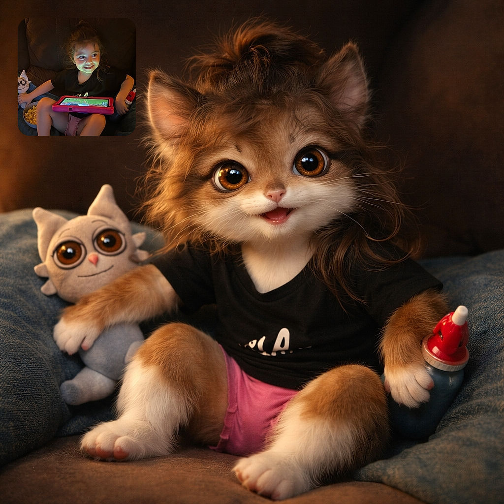 A delighted young child sits comfortably on a couch, illuminated by the glow of a tablet screen. She holds a plush toy in one hand and a bottle in the other, with a bowl of popcorn nearby, capturing a cozy and playful moment of screen time and snacks.