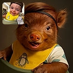 A joyful toddler with a messy face from food, sporting a cute yellow bib with a penguin, leans forward in a high chair with a cheeky smile and bright eyes, capturing the delightful chaos of mealtime.