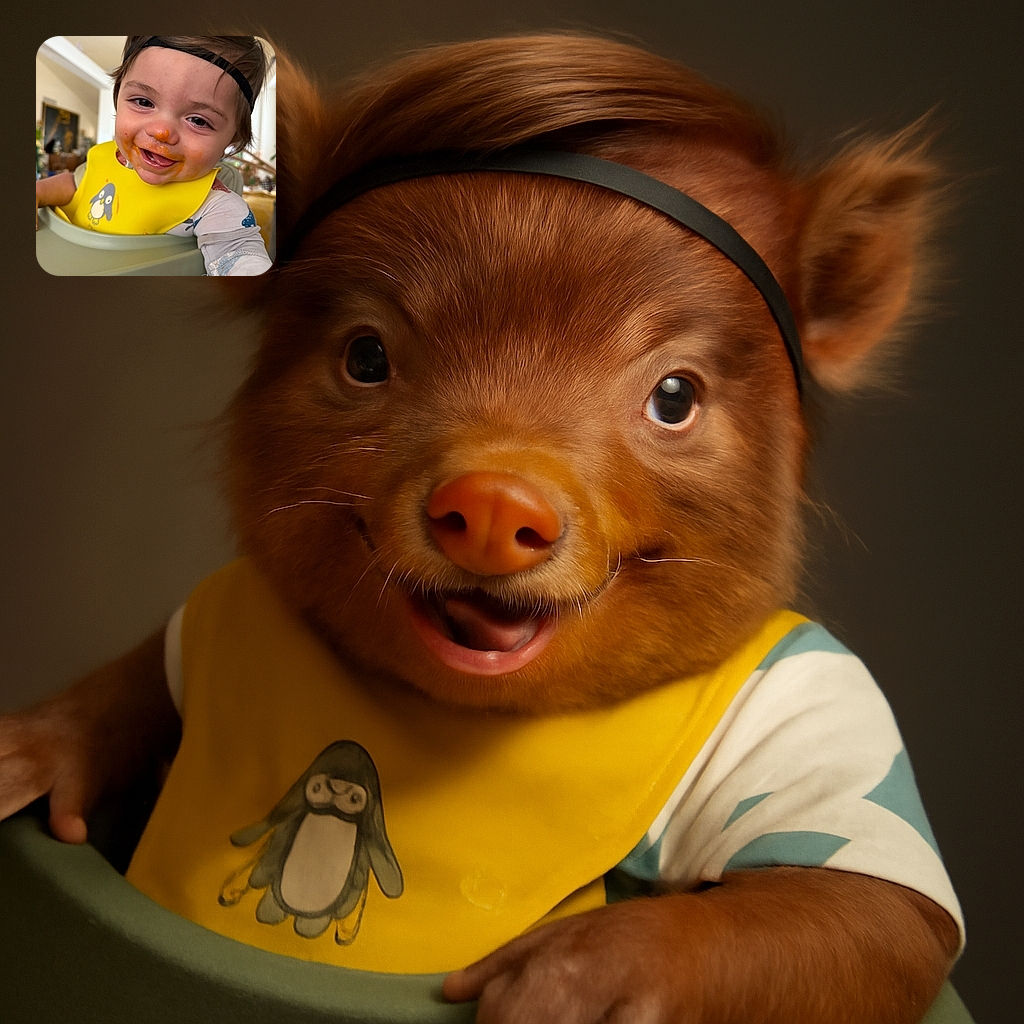 A joyful toddler with a messy face from food, sporting a cute yellow bib with a penguin, leans forward in a high chair with a cheeky smile and bright eyes, capturing the delightful chaos of mealtime.