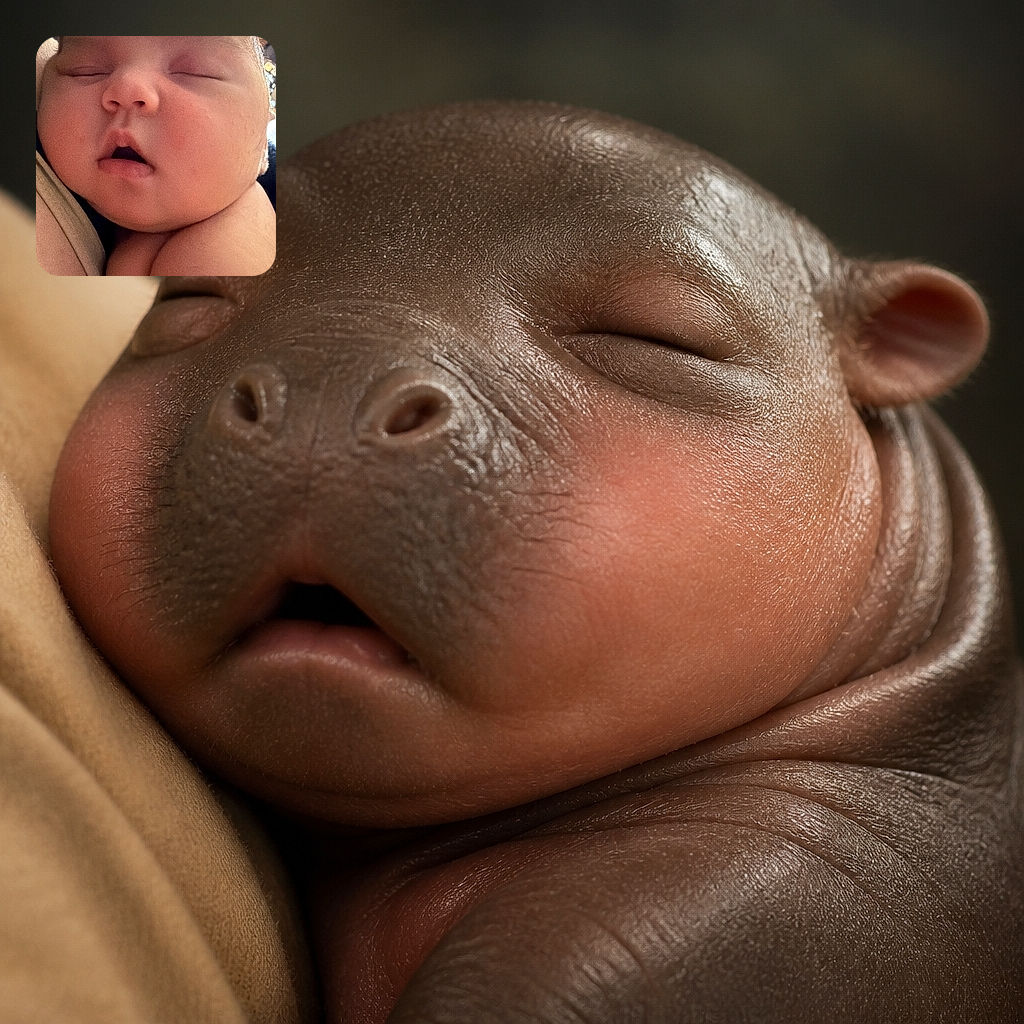 A sleepy newborn fills the frame with impressive baby-cheek real estate, peacefully dozing while giving the camera a tiny open-mouth yawn. Cozy arms and warm lighting make this look like a close-up nap-time masterpiece.