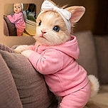 A charming toddler dressed in cozy pink pajamas and a cute white headband is standing while holding onto a couch, with big blue eyes looking curiously at the camera. The warm indoor setting features soft cushions and a patterned rug, creating a snug and inviting atmosphere.