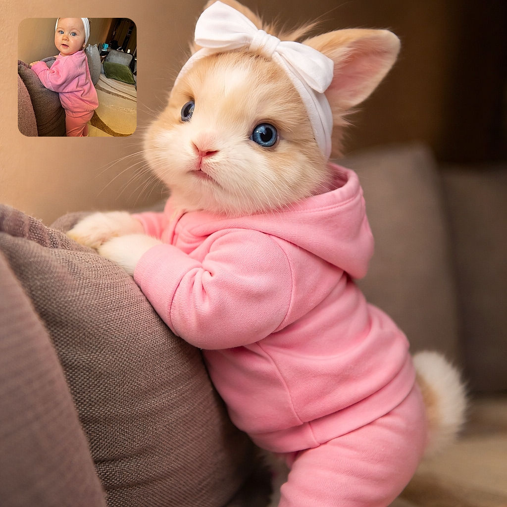 A charming toddler dressed in cozy pink pajamas and a cute white headband is standing while holding onto a couch, with big blue eyes looking curiously at the camera. The warm indoor setting features soft cushions and a patterned rug, creating a snug and inviting atmosphere.