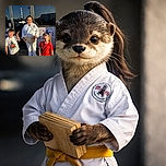 Three kids stand proudly outside a martial arts studio, one dressed in a karate gi holding wooden boards while the other two beam in casual clothes, basking in the golden hour sunlight like tiny champions.