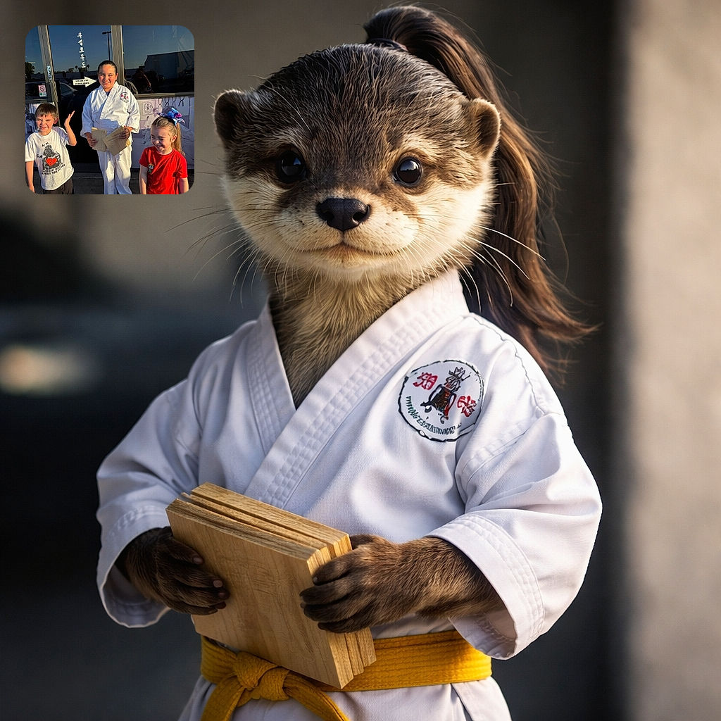 Three kids stand proudly outside a martial arts studio, one dressed in a karate gi holding wooden boards while the other two beam in casual clothes, basking in the golden hour sunlight like tiny champions.