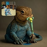 A curious toddler in blue pajamas sits cross-legged on a tiled floor, pacifier in mouth, holding a pair of glasses and a small object, surrounded by cozy home furniture and a slightly cluttered background.