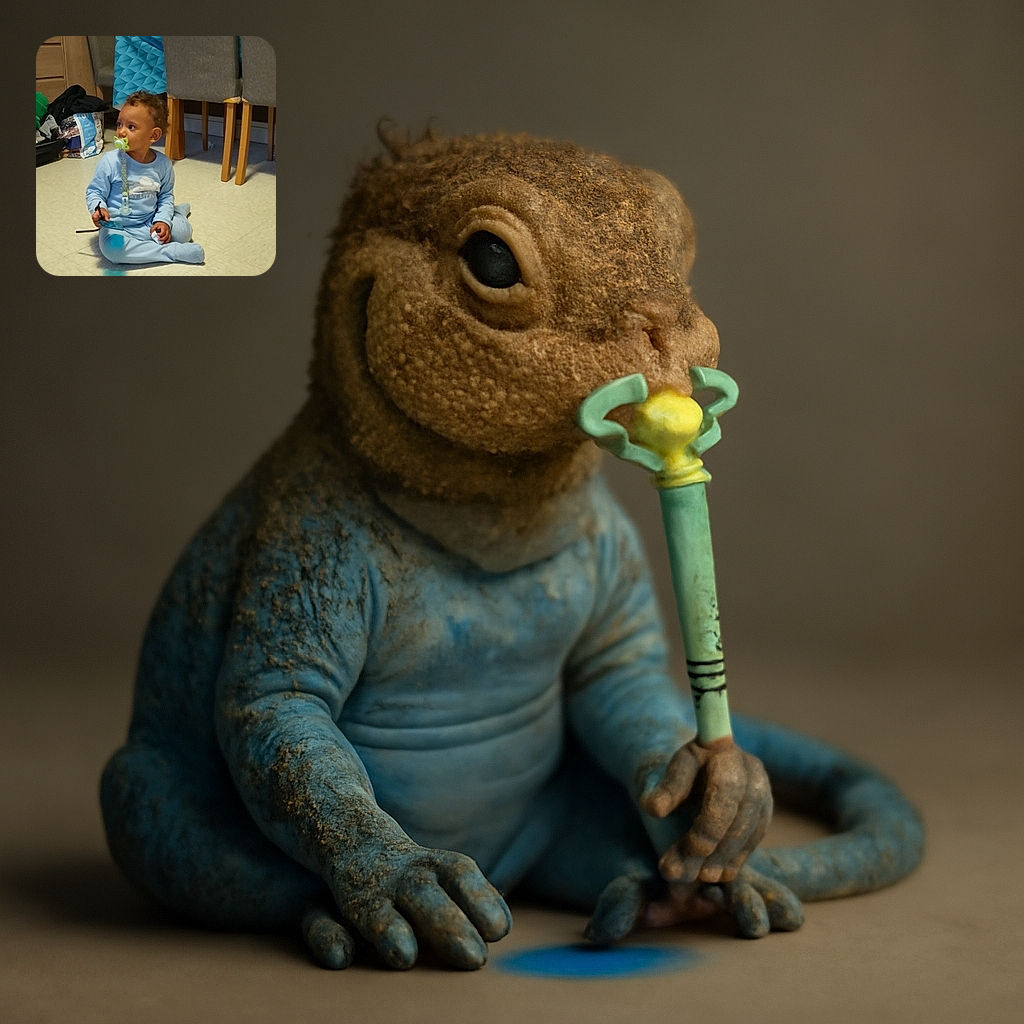 A curious toddler in blue pajamas sits cross-legged on a tiled floor, pacifier in mouth, holding a pair of glasses and a small object, surrounded by cozy home furniture and a slightly cluttered background.